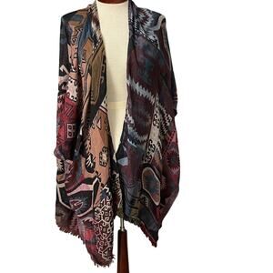 Quagga Open Front Draped Cardigan Shawl Boho Southwestern Aztec Print Fringe OS